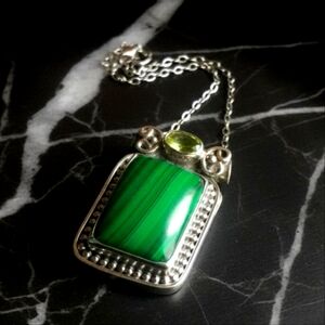 Malachite & Peridot Sterling Silver Pendant & 20" Sterling Silver Necklace